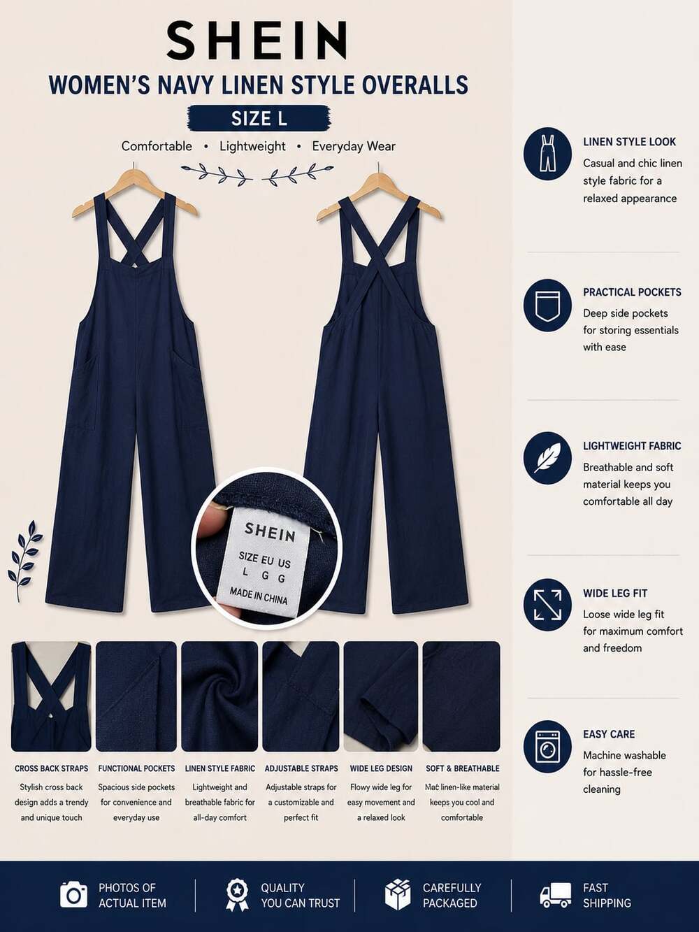 SHEIN Women's Navy Linen Style Wide Leg Overalls Jumpsuit Size L